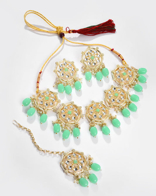 Gold Plated Kundan Beaded Necklace, Earrings and Maang Tikka Set