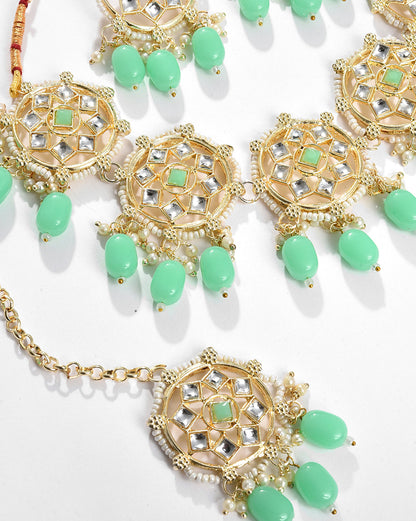 Gold Plated Kundan Beaded Necklace, Earrings and Maang Tikka Set