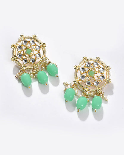 Gold Plated Kundan Beaded Necklace, Earrings and Maang Tikka Set