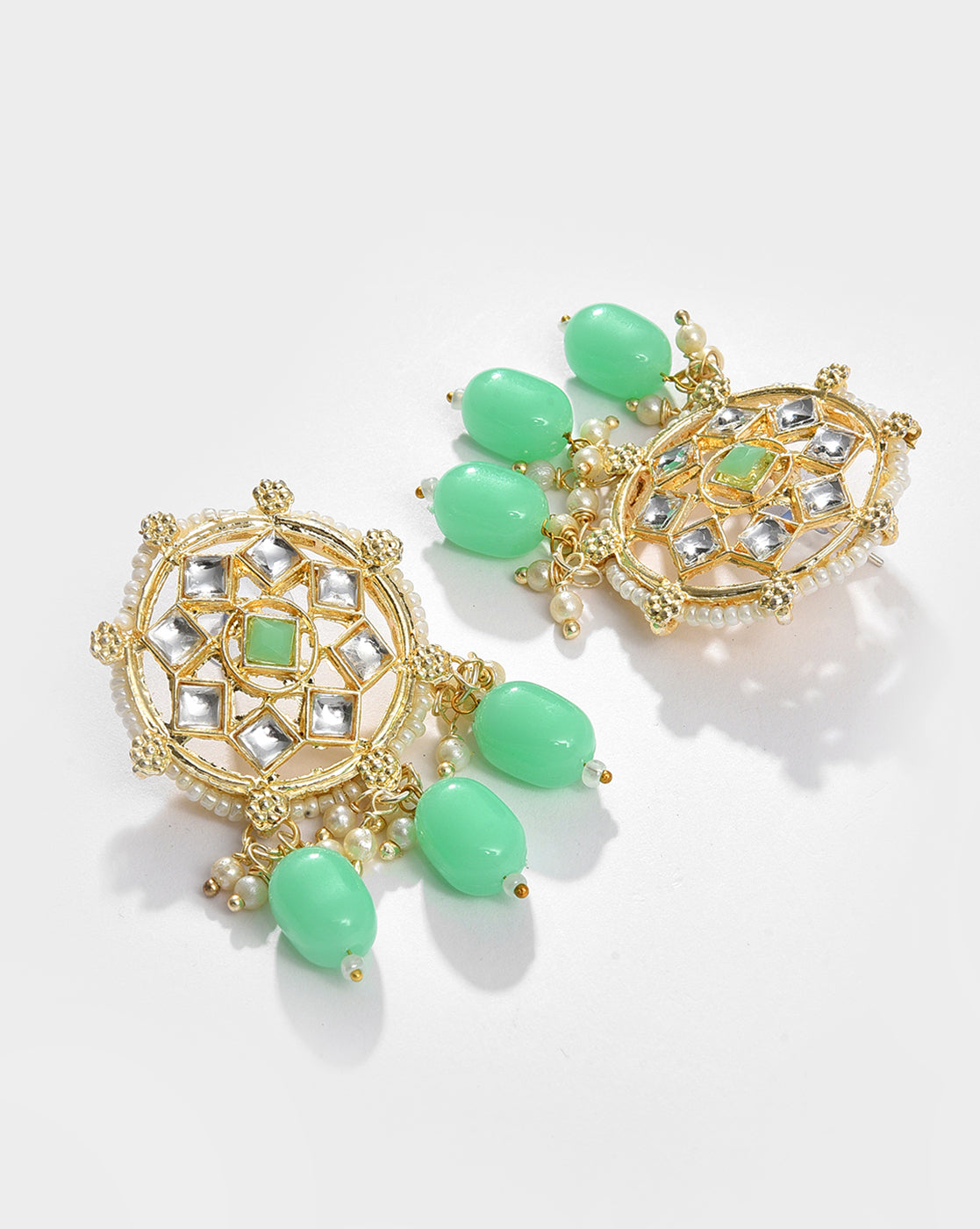 Gold Plated Kundan Beaded Necklace, Earrings and Maang Tikka Set
