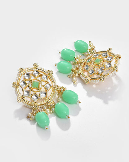 Gold Plated Kundan Beaded Necklace, Earrings and Maang Tikka Set