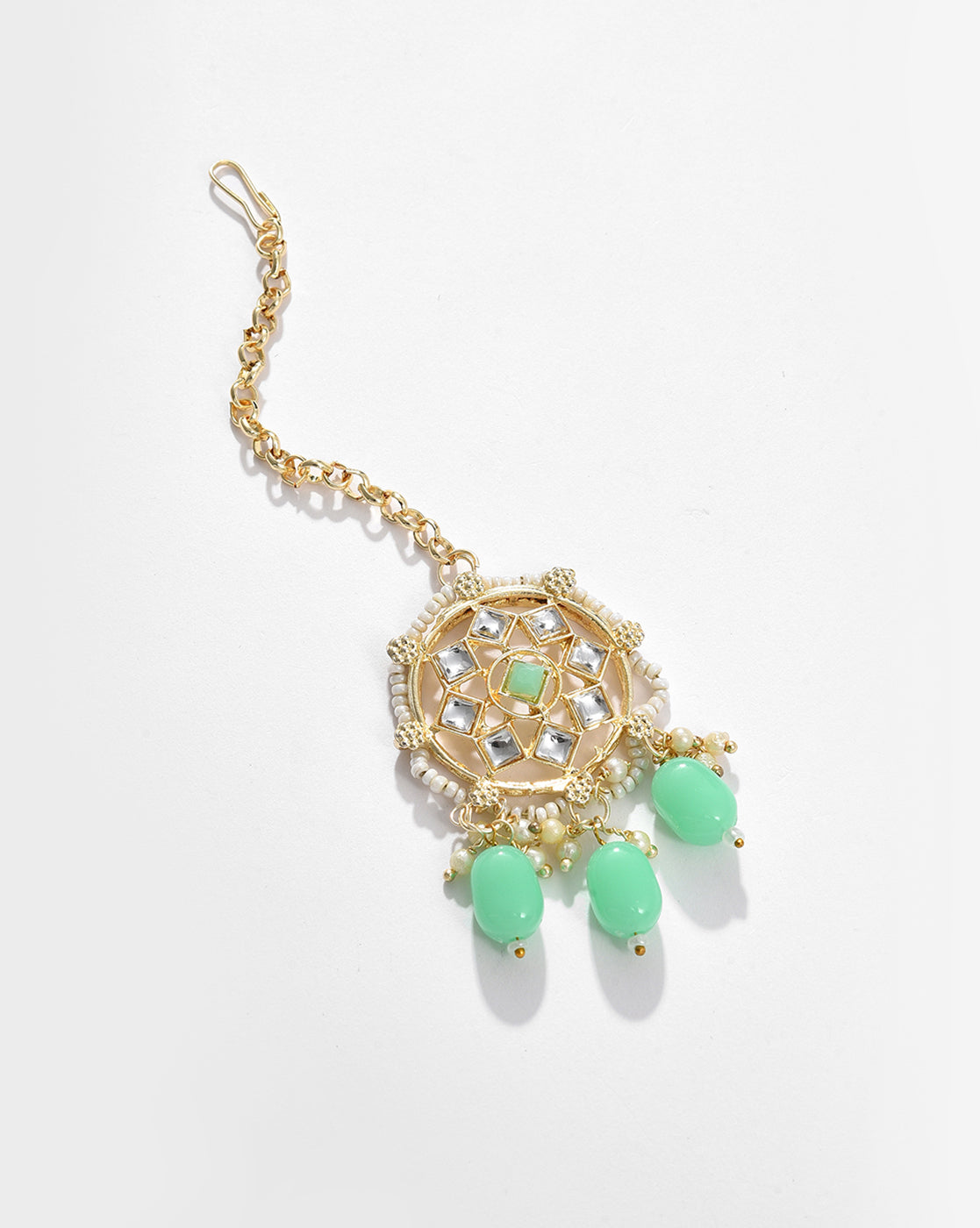 Gold Plated Kundan Beaded Necklace, Earrings and Maang Tikka Set