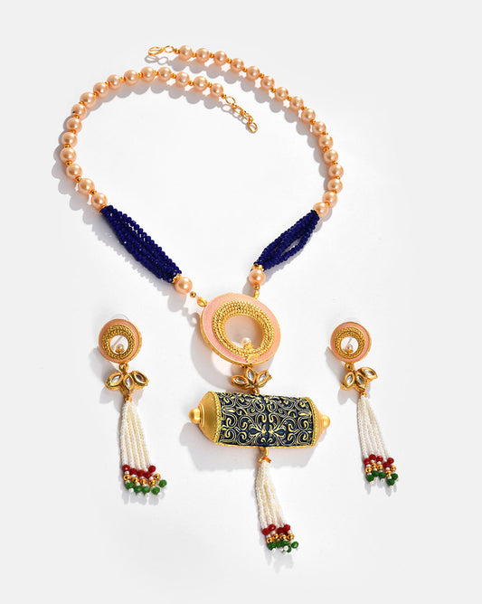 Gold Plated Pearls Beaded Necklace and Earrings Set