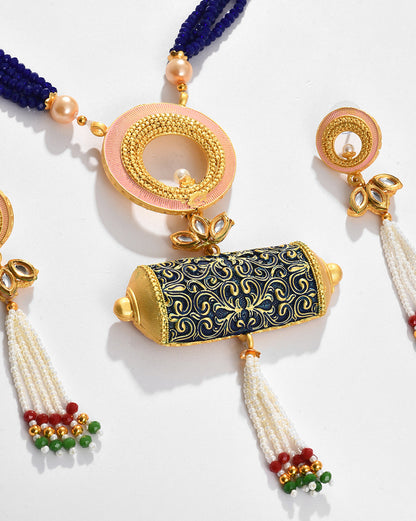 Gold Plated Pearls Beaded Necklace and Earrings Set