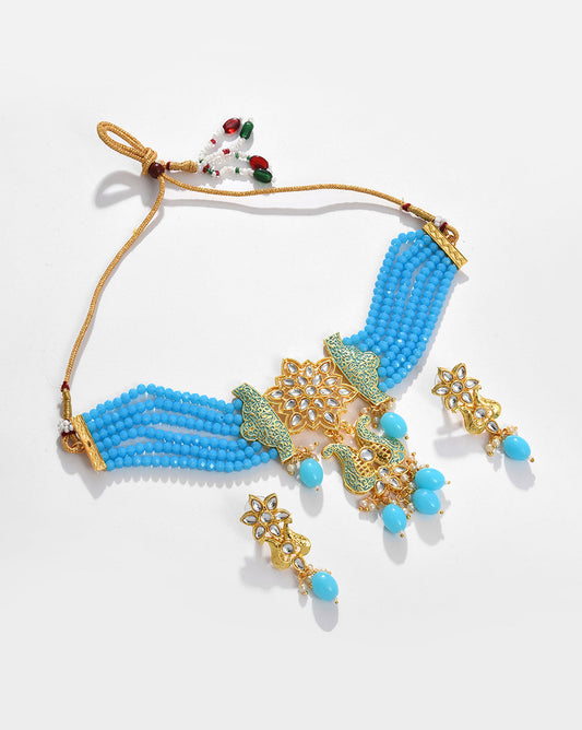 Gold Plated Designer Stone Beaded Necklace and Earrings Set