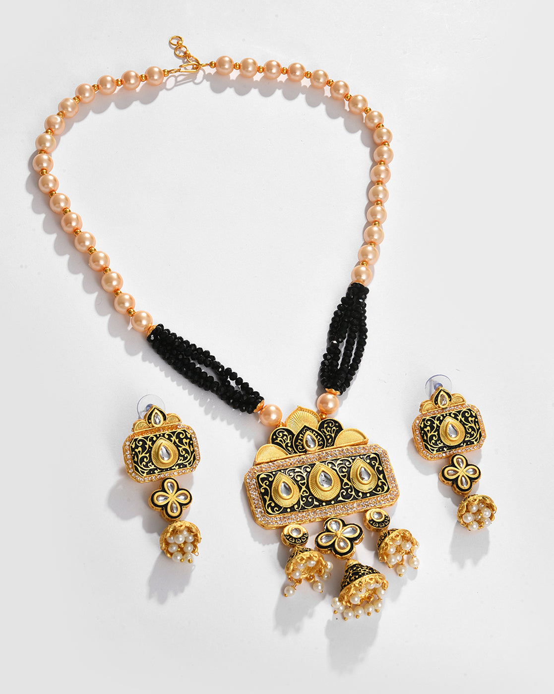 Gold Plated Pearls Beaded Necklace and Earrings Set