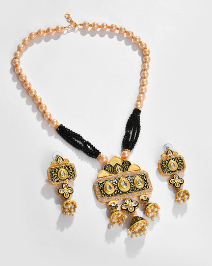 Gold Plated Pearls Beaded Necklace and Earrings Set