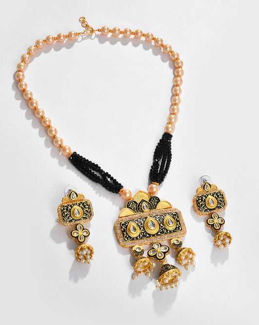 Gold Plated Pearls Beaded Necklace and Earrings Set