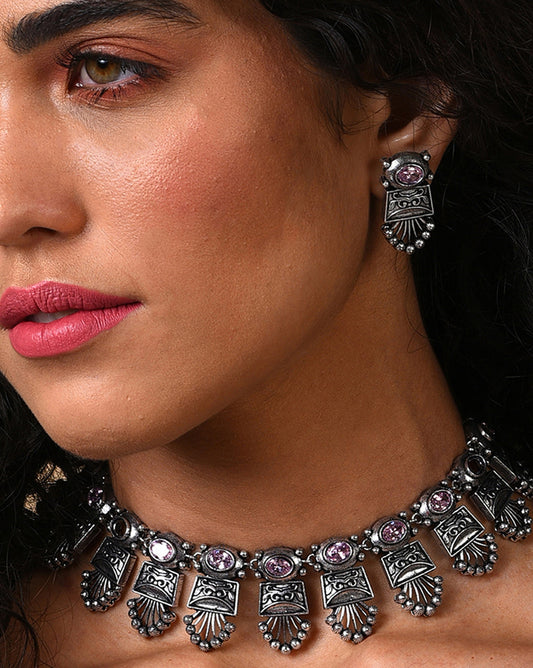 Women Silver Oxidised Choker Neckpiece