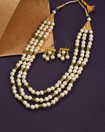 Gold Plated Pearls Beaded Necklace and Earrings Set
