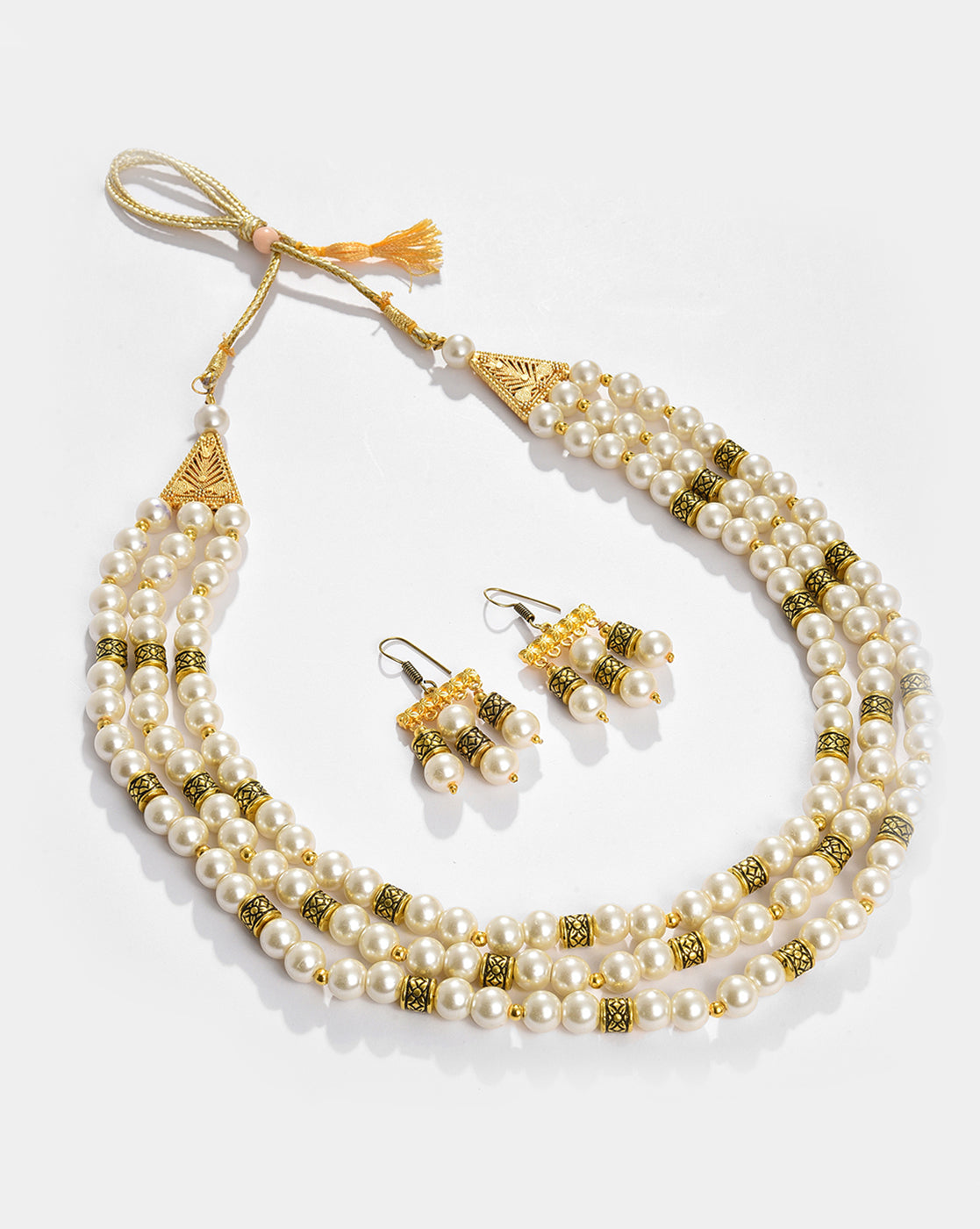 Gold Plated Pearls Beaded Necklace and Earrings Set