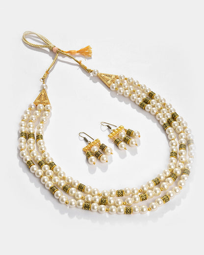 Gold Plated Pearls Beaded Necklace and Earrings Set