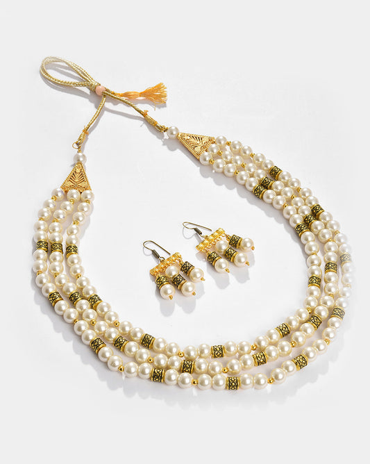 Gold Plated Pearls Beaded Necklace and Earrings Set