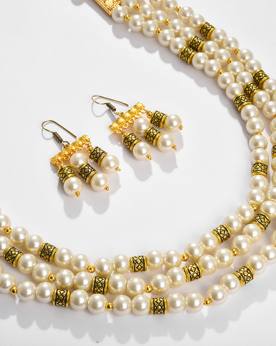 Gold Plated Pearls Beaded Necklace and Earrings Set