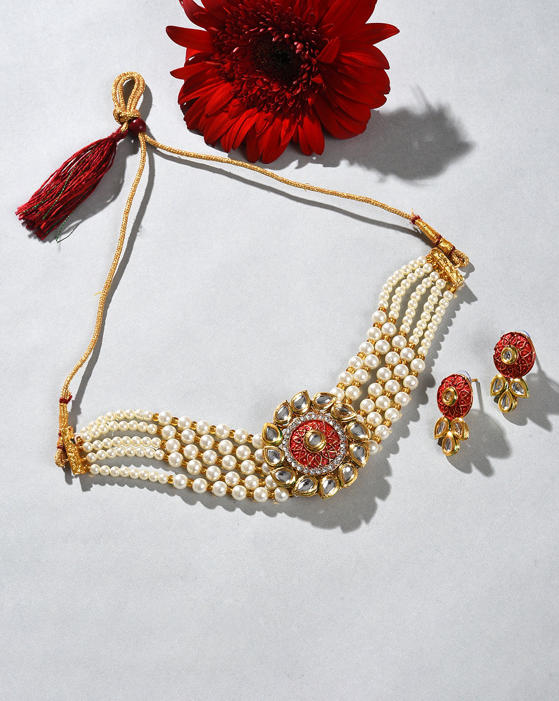 Red Pearl Choker With Earring Set