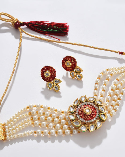 Red Pearl Choker With Earring Set