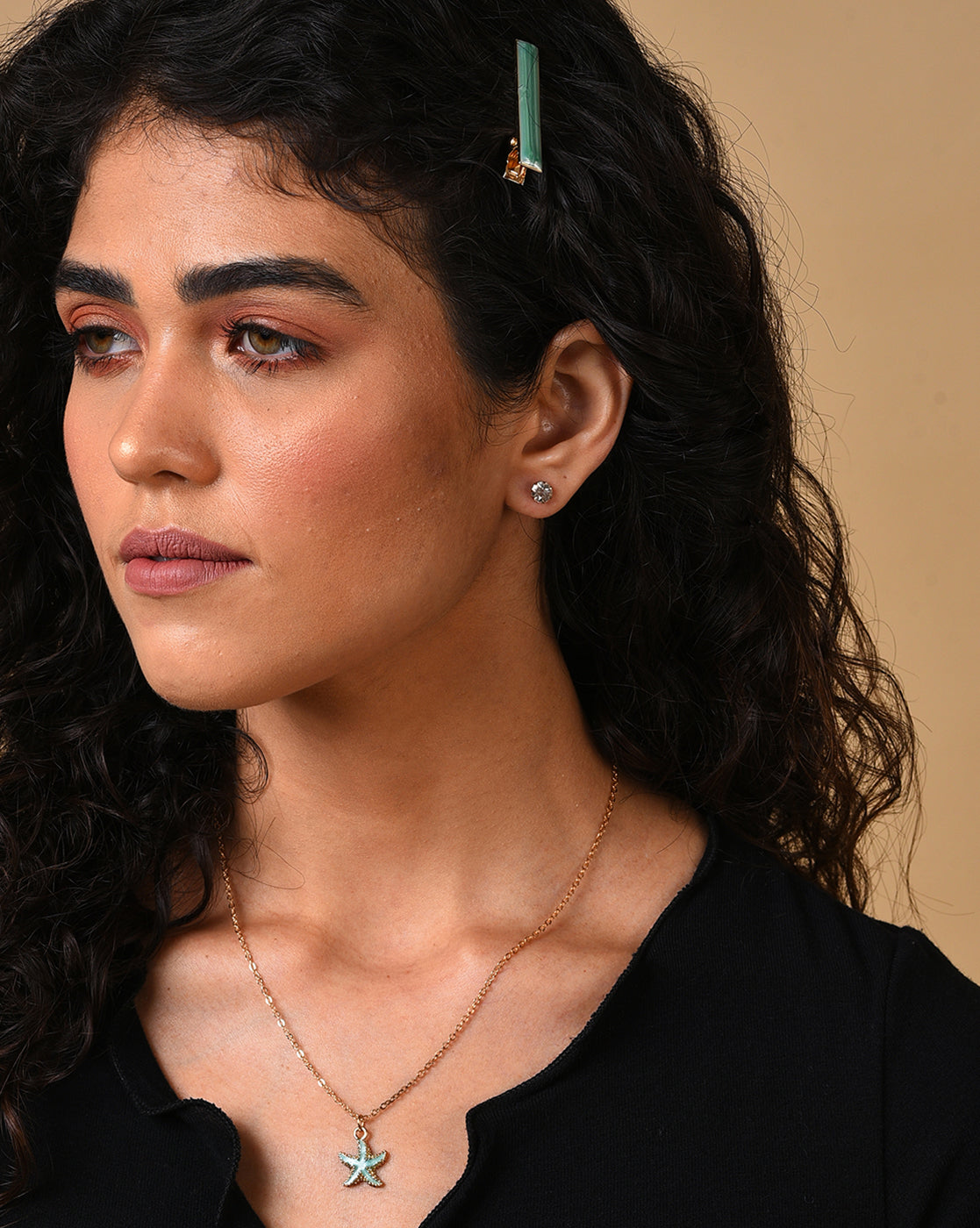 Gold Plated Designer Stone Necklace, Hair Pin and Earring Set
