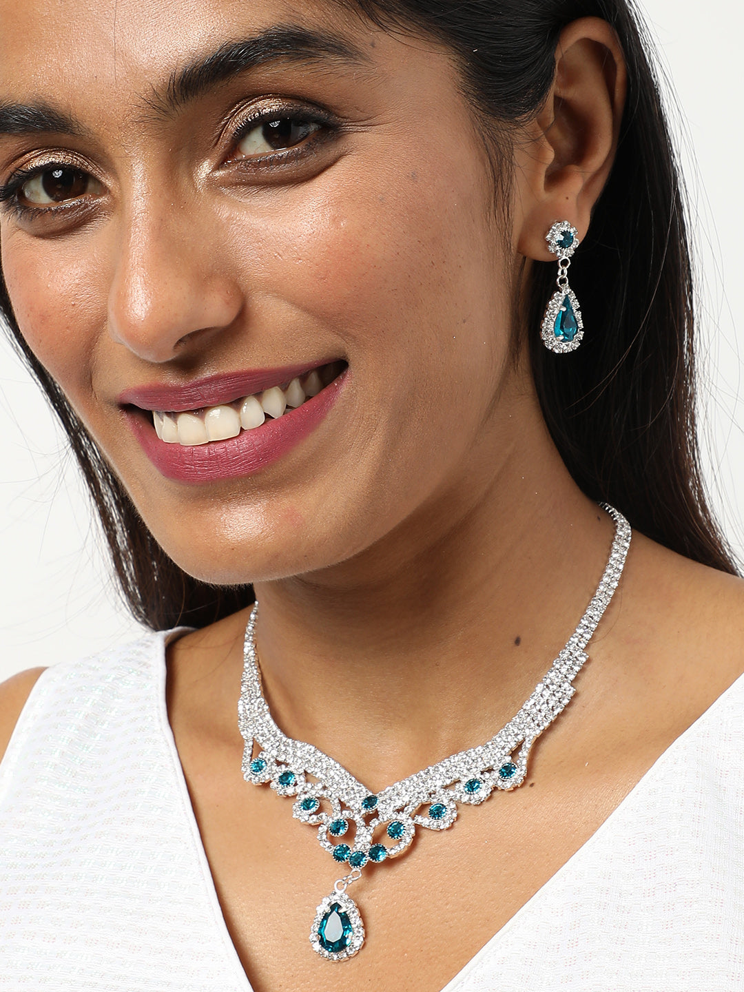 Silver Plated Designer Stone Necklace and Earring Set