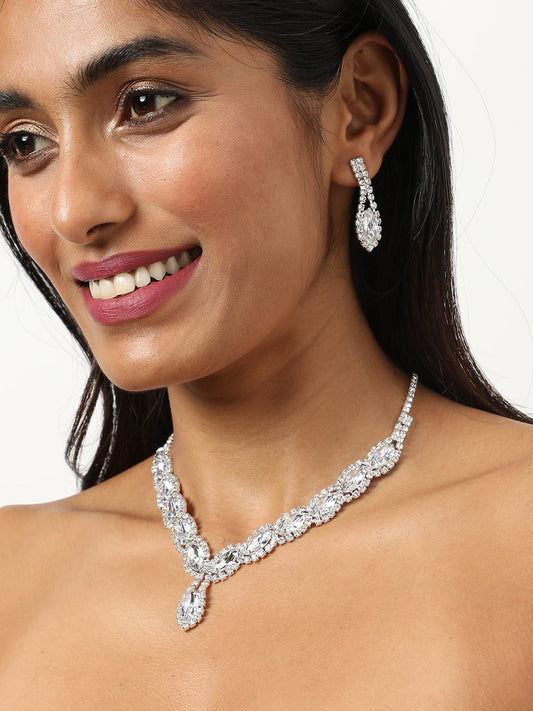 Silver Plated Designer Stone Necklace and Earring Set
