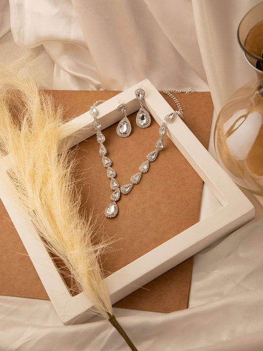 Silver Plated Designer Stone Necklace and Earring Set