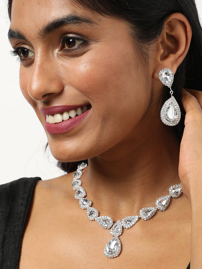 Silver Plated Designer Stone Necklace and Earring Set