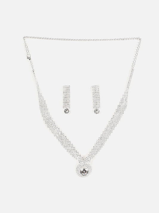 Silver Plated Designer Stone Necklace and Earring Set