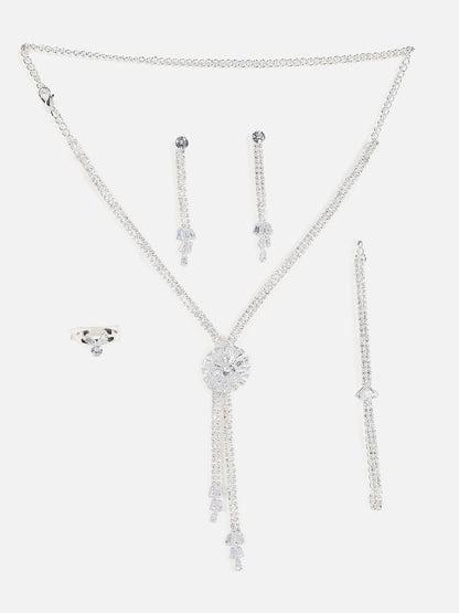 Silver Plated Designer Stone Necklace, Earrings, Bracelet and Ring Set