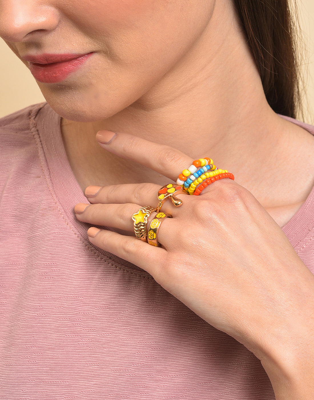 Pack of 7 Gold Plated Beaded Designer Ring