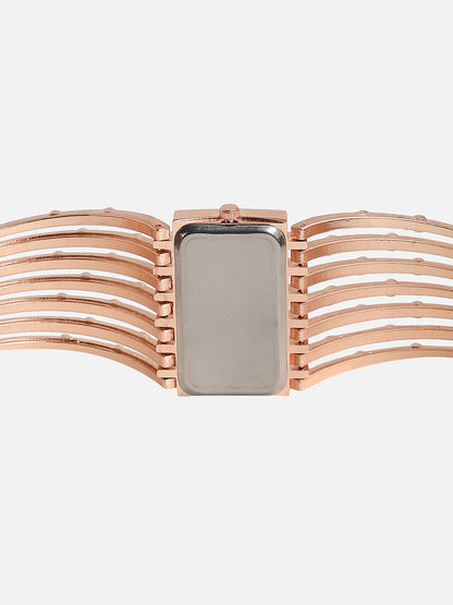 Embellished Rose Gold Rectangular Dial With Rose Gold Metal Strap