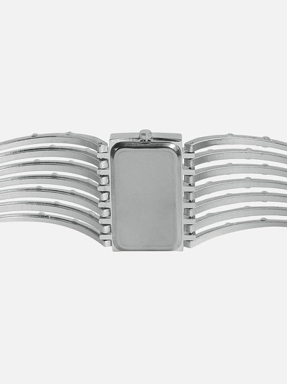 Embellished Silver Rectangular Dial With Silver Metal Strap