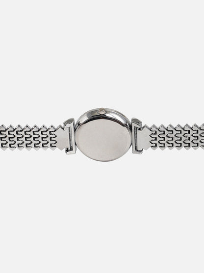 Embellished Silver Round Dial With Silver Metal Strap
