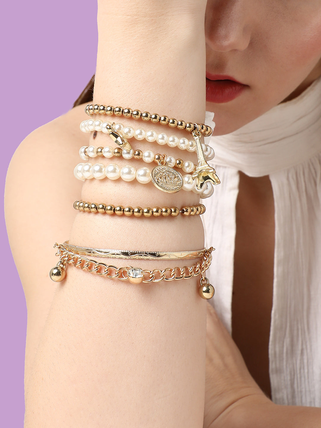 PACK OF 6 GOLD PLATED DESIGNER STONE CASUAL BRACELET FOR WOMEN