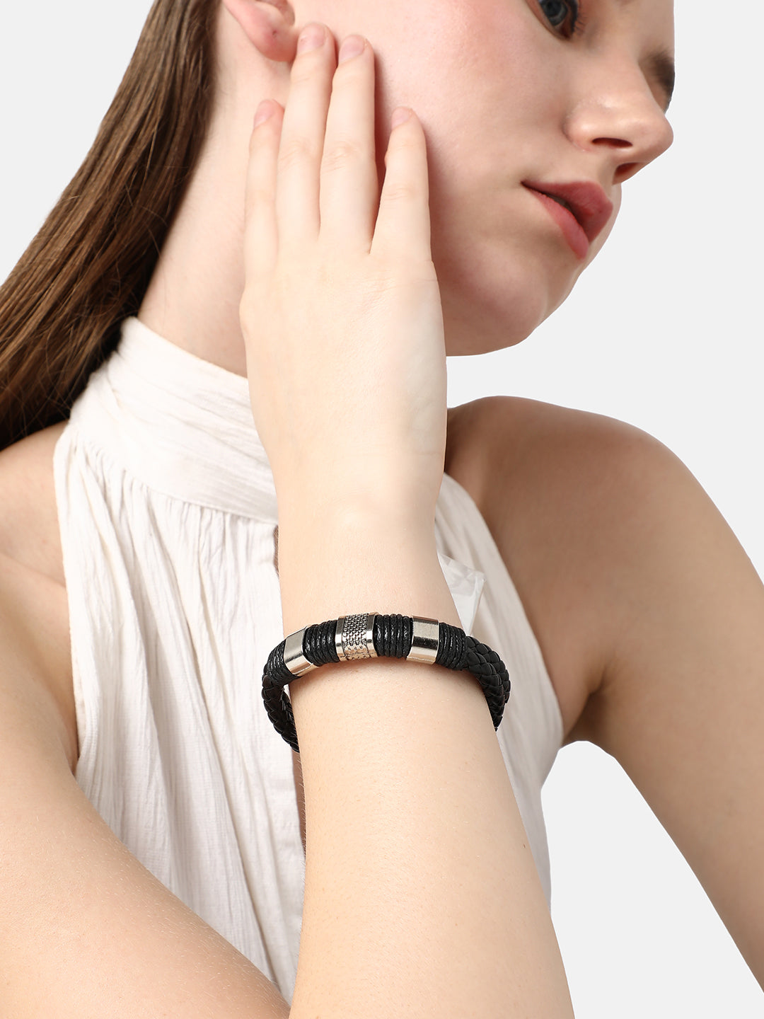SILVER PLATED CASUAL PU LEATHER DESIGNER BRACELET FOR WOMEN