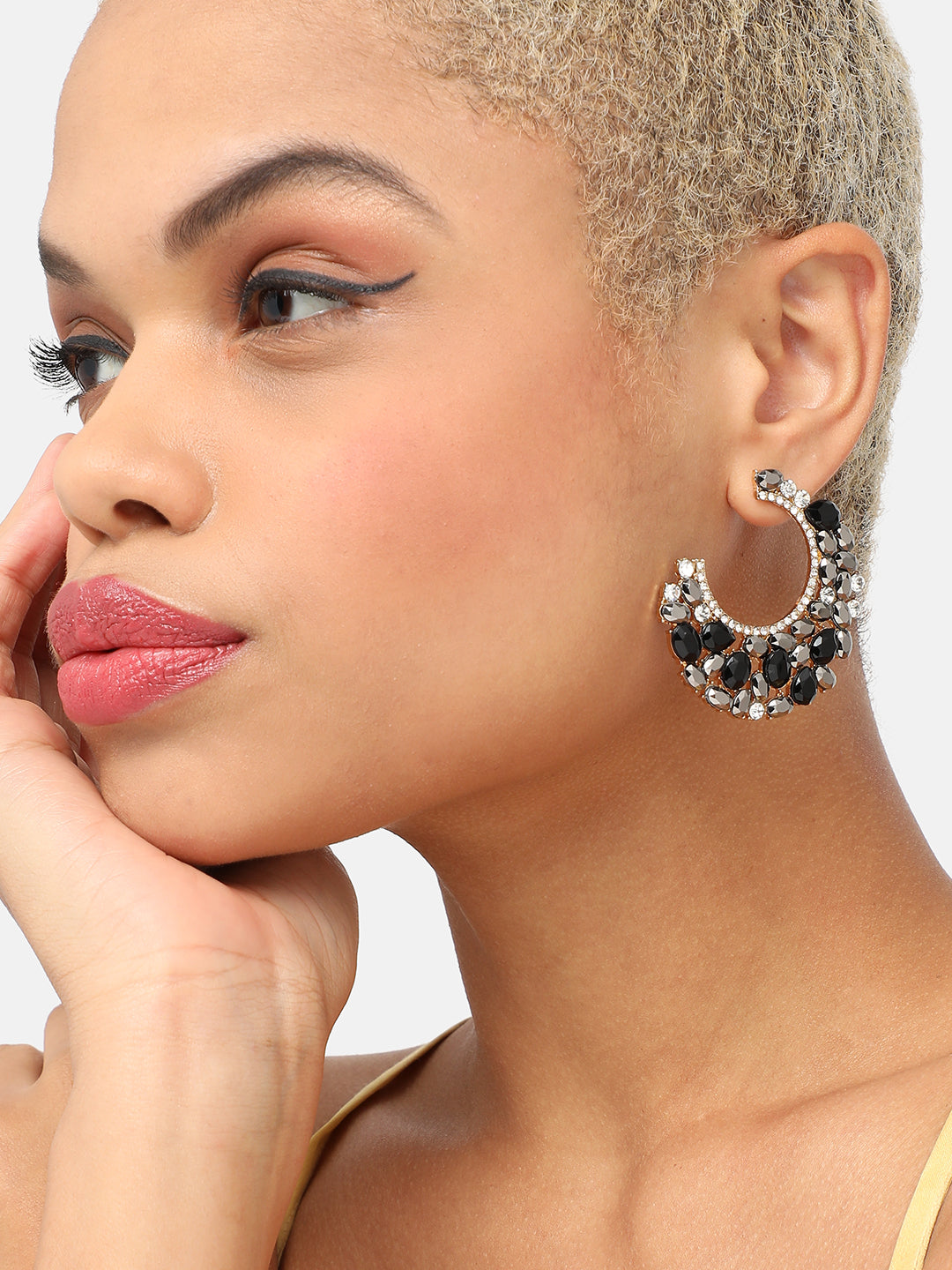 GOLD PLATED PARTY DESIGNER STONE HOOP EARRING FOR WOMEN