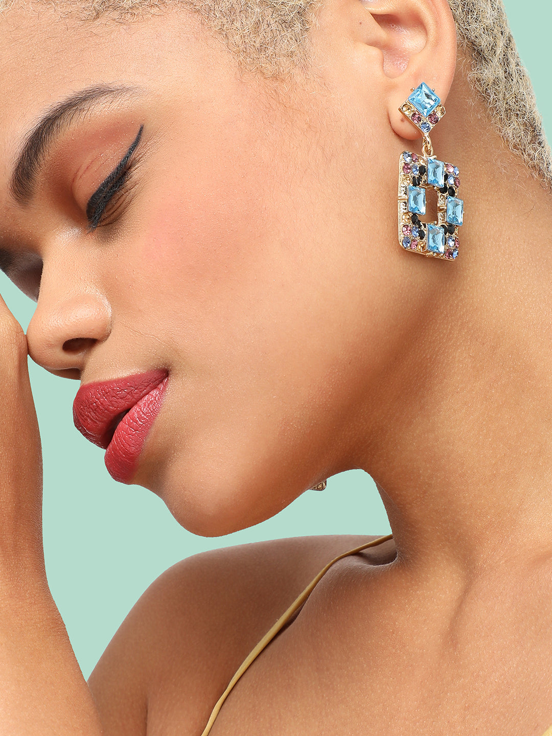 GOLD PLATED PARTY DESIGNER STONE DROP EARRING FOR WOMEN