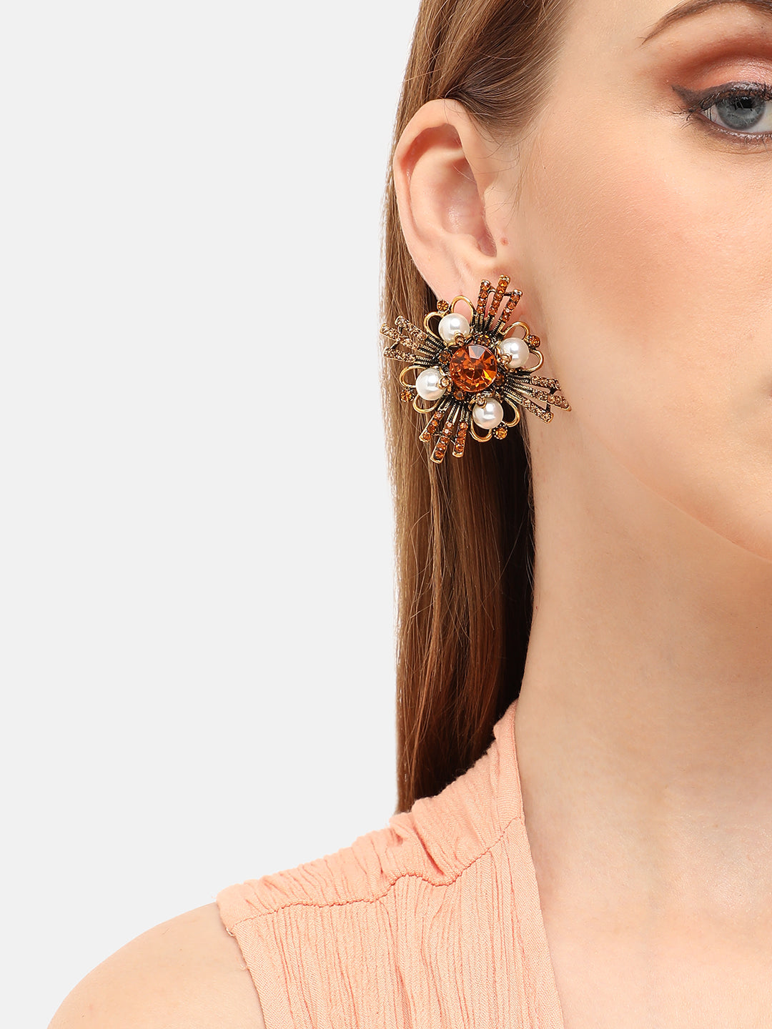 GOLD PLATED PARTY DESIGNER STONE STUD FOR WOMEN