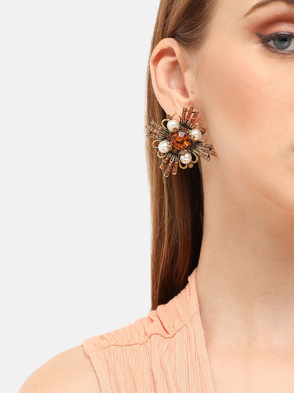 GOLD PLATED PARTY DESIGNER STONE STUD FOR WOMEN