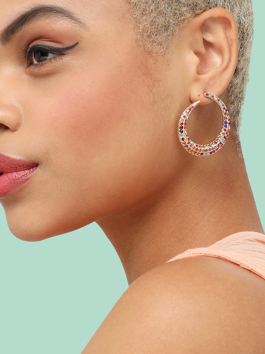 GOLD PLATED PARTY DESIGNER STONE HOOP EARRING FOR WOMEN