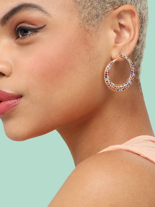 GOLD PLATED PARTY DESIGNER STONE HOOP EARRING FOR WOMEN