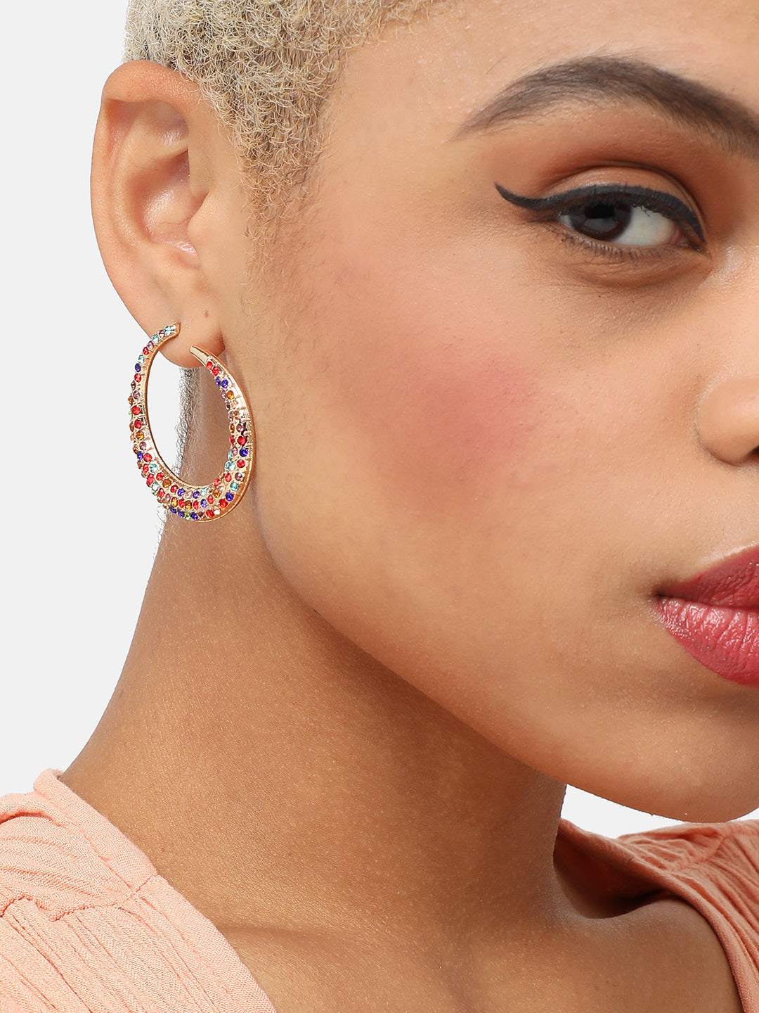 GOLD PLATED PARTY DESIGNER STONE HOOP EARRING FOR WOMEN