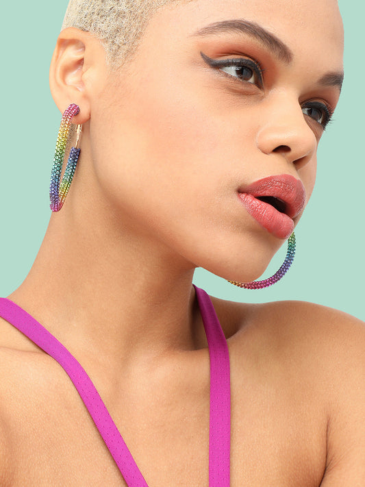 GOLD PLATED PARTY DESIGNER STONE HOOP EARRING FOR WOMEN