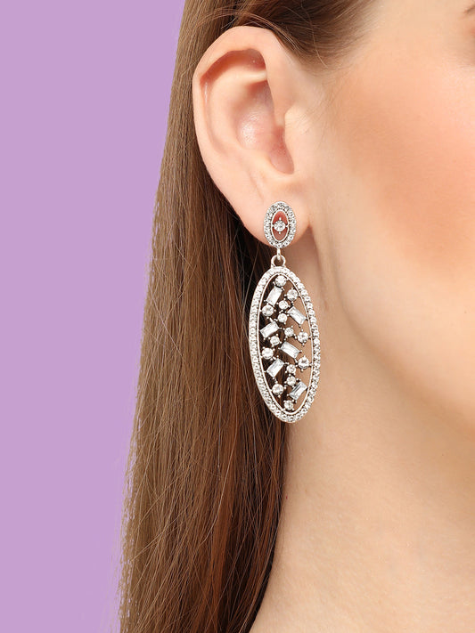 SILVER PLATED PARTY DESIGNER STONE DROP EARRING FOR WOMEN