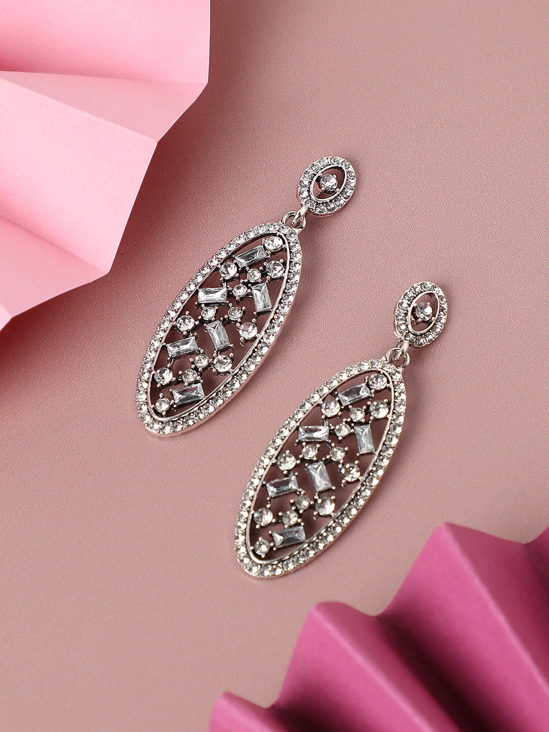 SILVER PLATED PARTY DESIGNER STONE DROP EARRING FOR WOMEN