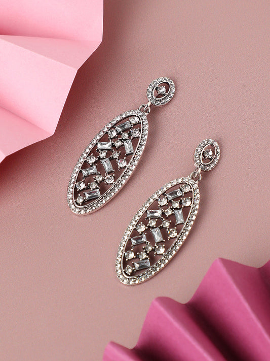 SILVER PLATED PARTY DESIGNER STONE DROP EARRING FOR WOMEN