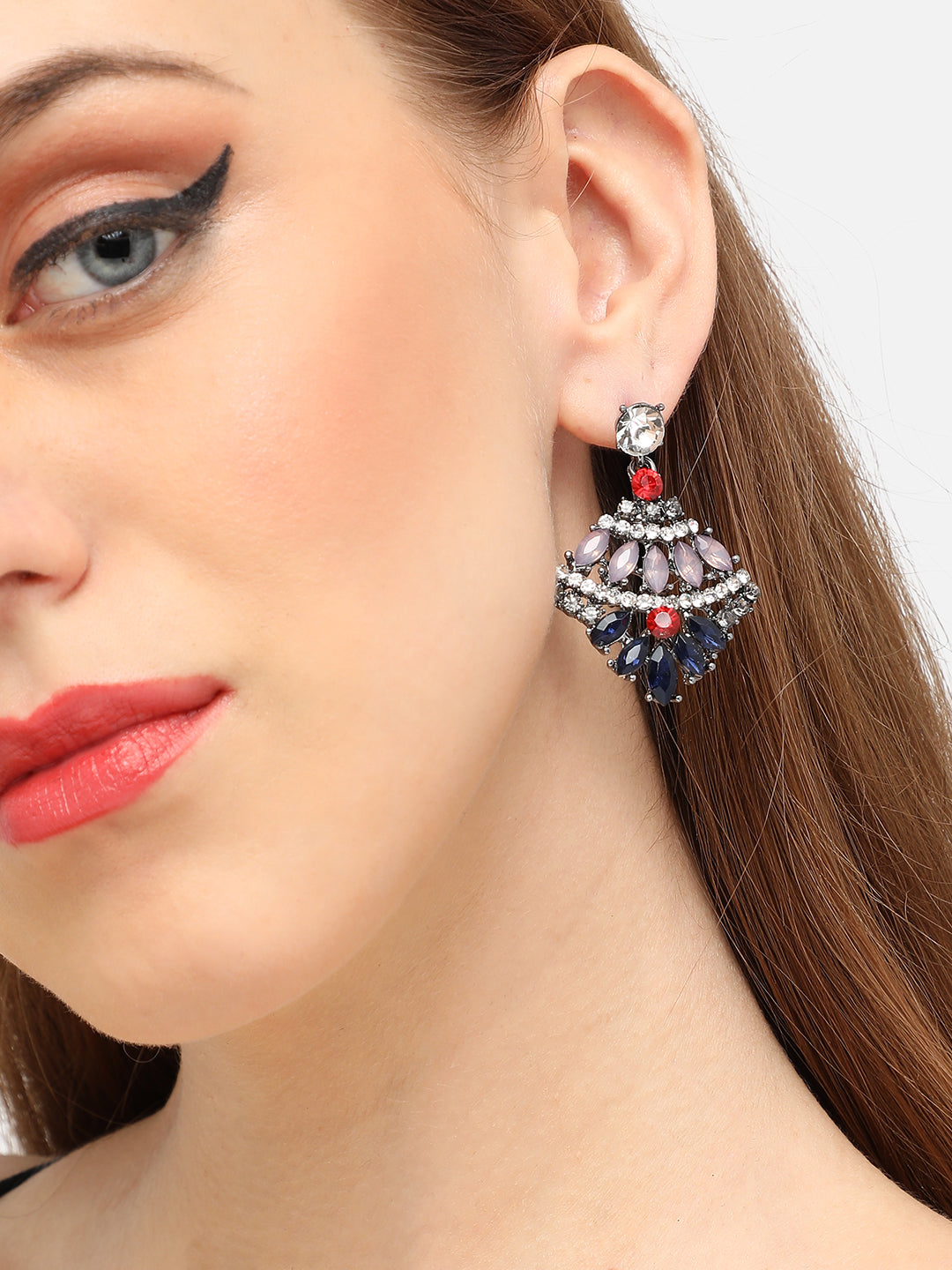 SILVER PLATED PARTY DESIGNER STONE DROP EARRING FOR WOMEN