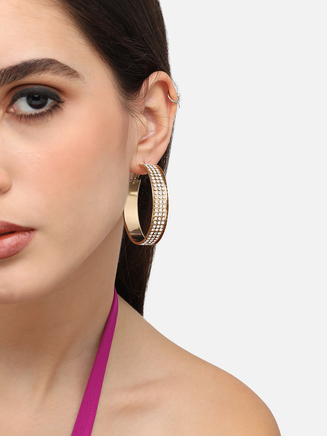 GOLD PLATED DESIGNER STONE CASUAL HOOP EARRING FOR WOMEN