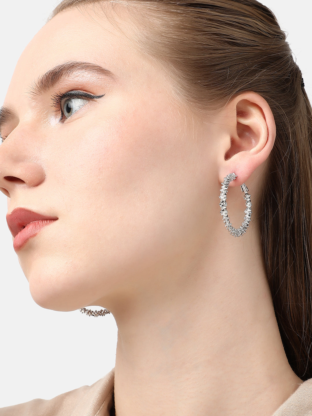 SILVER PLATED PARTY DESIGNER STONE HOOP EARRING FOR WOMEN