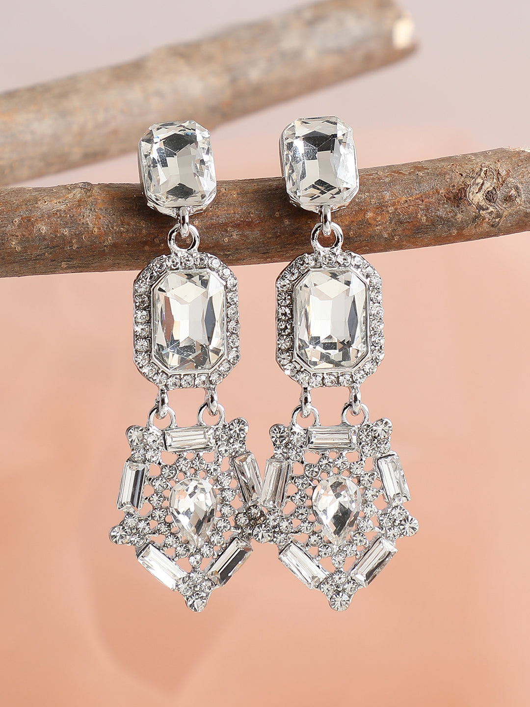 SILVER PLATED PARTY DESIGNER STONE DROP EARRING FOR WOMEN