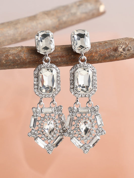 SILVER PLATED PARTY DESIGNER STONE DROP EARRING FOR WOMEN