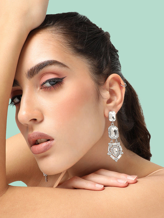 SILVER PLATED PARTY DESIGNER STONE DROP EARRING FOR WOMEN